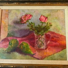 VINTAGE 80s floral flower original hand painted oil PAINTING by E Black pinks