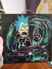 10×10” Cyberpunk Rick & Morty Painting – Neon Acrylic on Wood, Fan Art Fusion