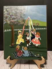 Folk Art Oil Painting on Wood Board “Children Playing Village Farmhouse Scene