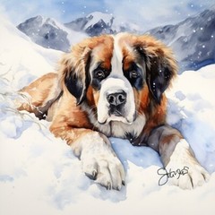Saint Bernard Dog Painting Giclee Print on Fine Art Paper
