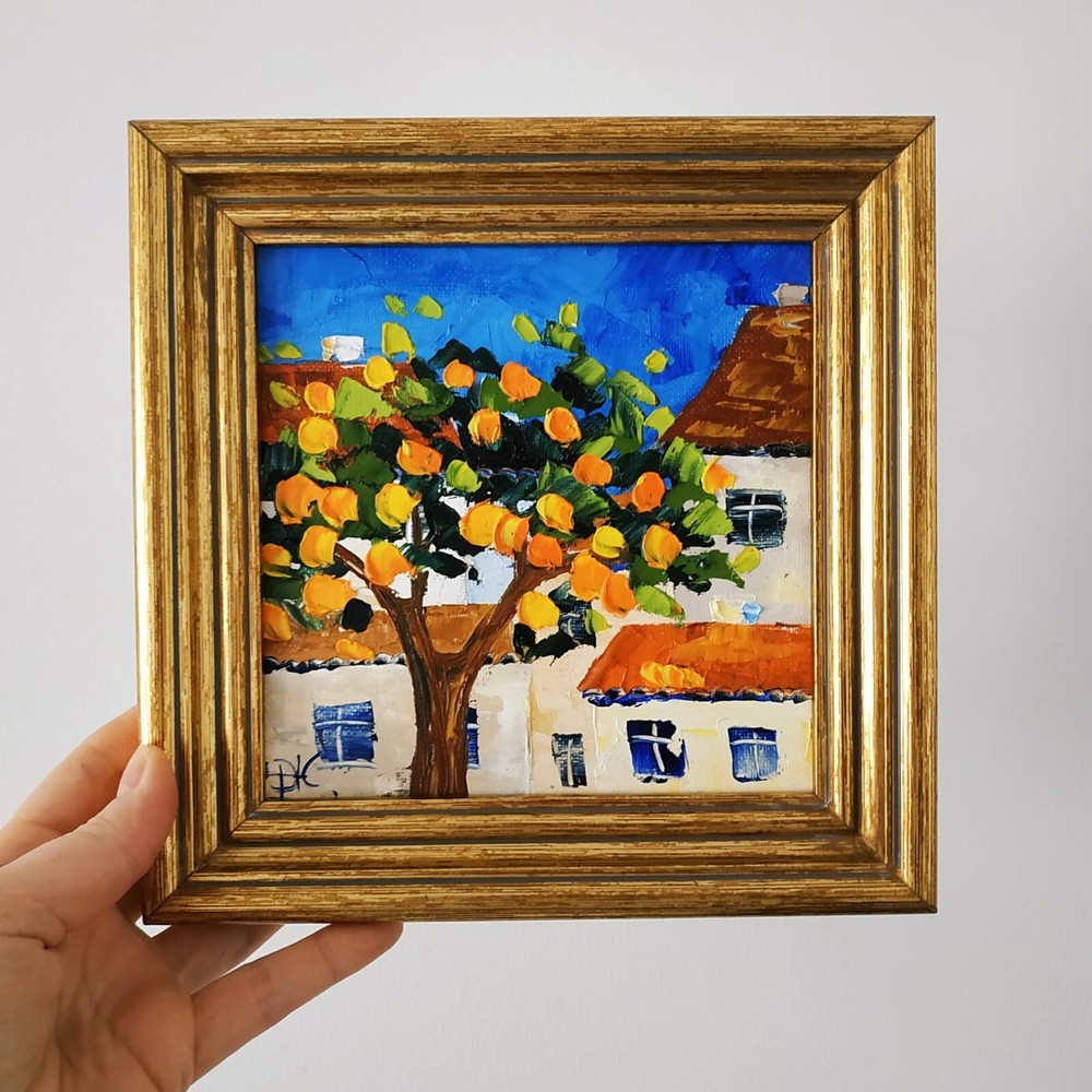 Orange trees in Portugal Painting Original Art Impasto Oil Painting 3D Art 6×6″