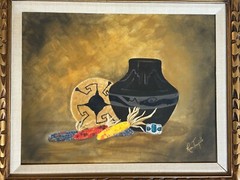 ROSE TRUJILLO SAN ILDEFONSO PUEBLO POT ORIGINAL PAINTING FRAMED 21.75″ X 25.75″