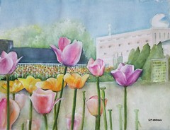 Painter Suzanne Obrand Holocaust Survivor, Watercolor Painting „Tulips in Bloom“