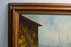 Vintage MCM Oil Painting Sailboats Dock Port Beach Ocean Sea Fishing Village