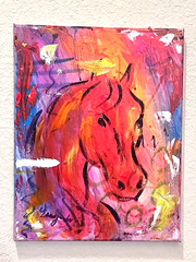 GUAJARDO Original Expressionism Neon Red Horse 14X11 Canvas Signed Art
