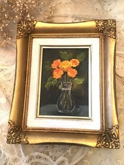 Framed ROSES Glass Vase Oil PAINTING Still Life 11″x 9″ SHABBY Cottage