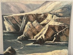 ANDREW TAGARIS (1892-1977) 1960 Seascape Oil Painting „Rocky Coast“ Listed, Cal.