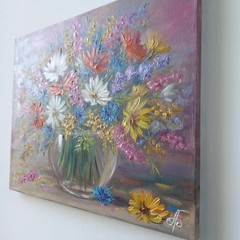 Wildflower Bouquet Original Oil Painting Floral Still Life Glass Vase Wall Art