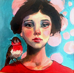 Original Acrylic Woman Portrait Painting 6×6 Bird Contemporary Signed AdriO