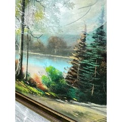 Antique Large Pastel Chalk Painting Mountain Lake Scene Gold Frame 32.5×20.5″