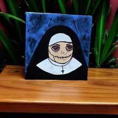 Original painting Silent Nun Creepy Stitches Mouth canvas 4×4 Halloween Horror
