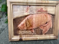 Carpfishing Fisherman Catches Carp Large Wood Carving Multicolor Picture Woodwor