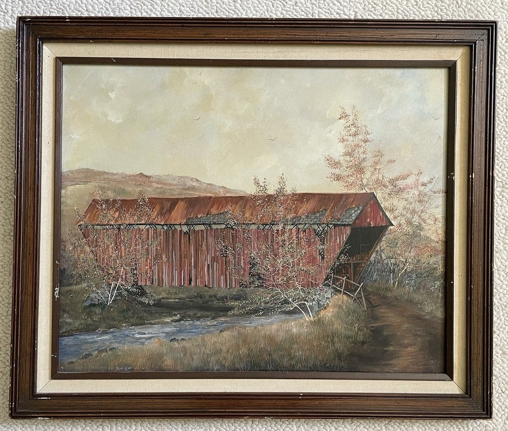 Covered Wood Bridge NH Orig. Oil Painting by Charles Chamberlain Listed Artist