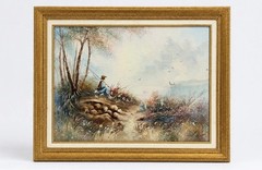 Framed Pastoral Landscape Oil Painting Signed G. Lucas Figure Fishing by Lake