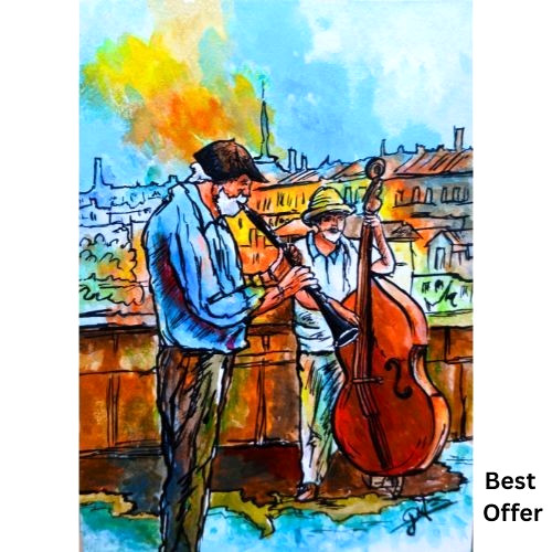 ACEO Original Street Musicians in Prague Music Pop Art Acrylic Hand Painting NEW