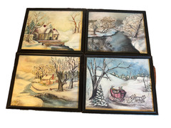 Set of 4 Oil/Acrylic Canvas Board Winter Scenes Artist Signed and Framed