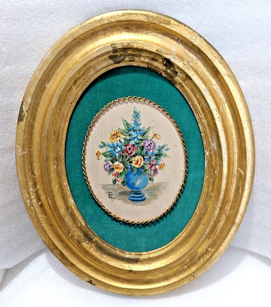 NF. Hand Painted Flowers on Silk signed ET. w/Gold Gilt Wood Oval Frame 11″x9″