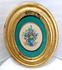 NF. Hand Painted Flowers on Silk signed ET. w/Gold Gilt Wood Oval Frame 11″x9″