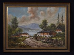 Vtg. Italian Oil Painting On Canvas Rural Village Mountain 23×31”, Framed signed