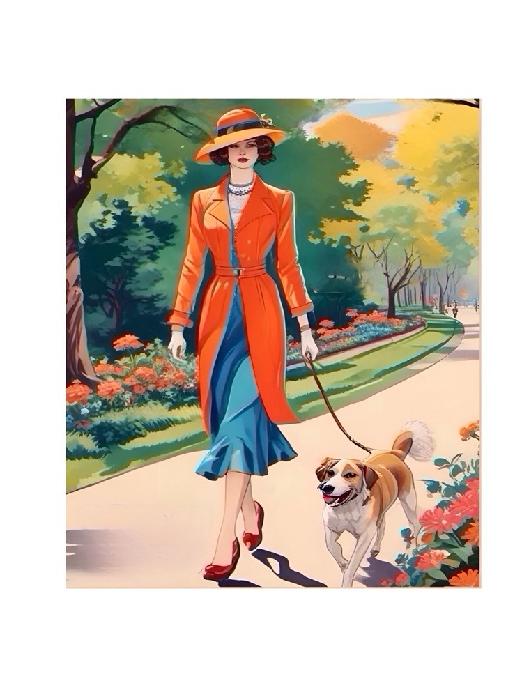 2.5×3.5 Original ACEO Art VINTAGE VOGUE 1920s FASHION PRETTY WOMAN DOG PARK