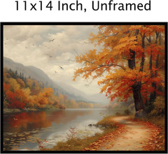 Vintage Fall Landscape Wall Art – Rustic Autumn Forest Oil Painting Print – Coun
