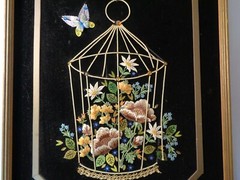 Vintage Black Velvet raised cloth wall display art, Butterfly Birdcage, 18×25