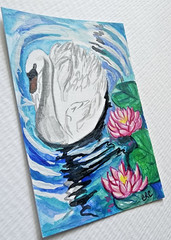 ACEO original acrylic SWAN in pond miniature painting art card by CRC