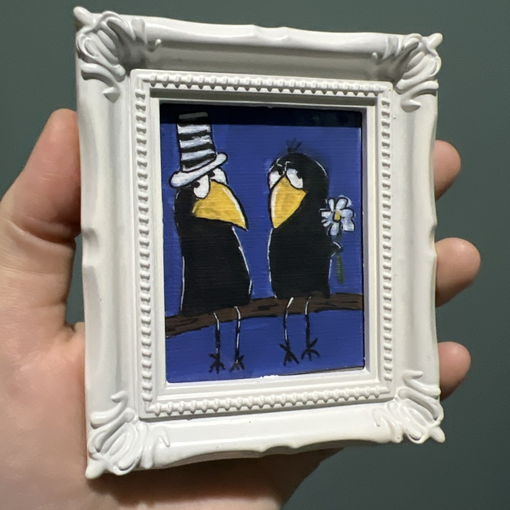 Print Of My Art Crow Raven Love funny,cute,miniature Painting,small, framed