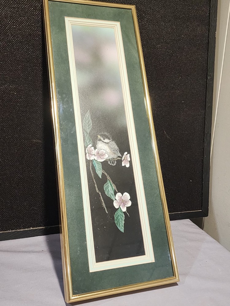 1987 Sharon Wald Scratch Board Painting Art Bird on Branch Framed 22”x7.5”