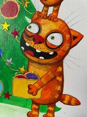 Christmas .Cats. Acrilyc on canvas 20×25 cm Hand Painted style Vasya Lozhkin
