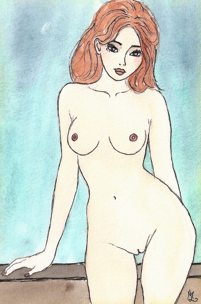 NUDE Erotic Ink Watercolor Original Drawing 10×15