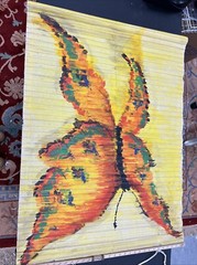 VTG Homemade Folk Window Shade Painting 44”x32” Butterfly Yellow, 1 Of A Kind