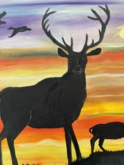 Original oil painting 11 x 14 inches buck deer in silhouette at sunset