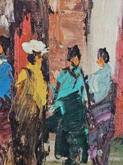 Vint. Original Framed 16×19 Street Scene Abstract Oil Painting On Canvas-Signed