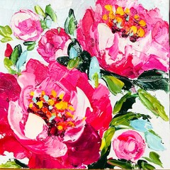 Oil Impasto Original Art Peony Painting Long distance gift Book Shelf decor 6×6″