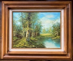 oil canvas wood wooden frame stream river streamside tree vintage signed CHARDIN