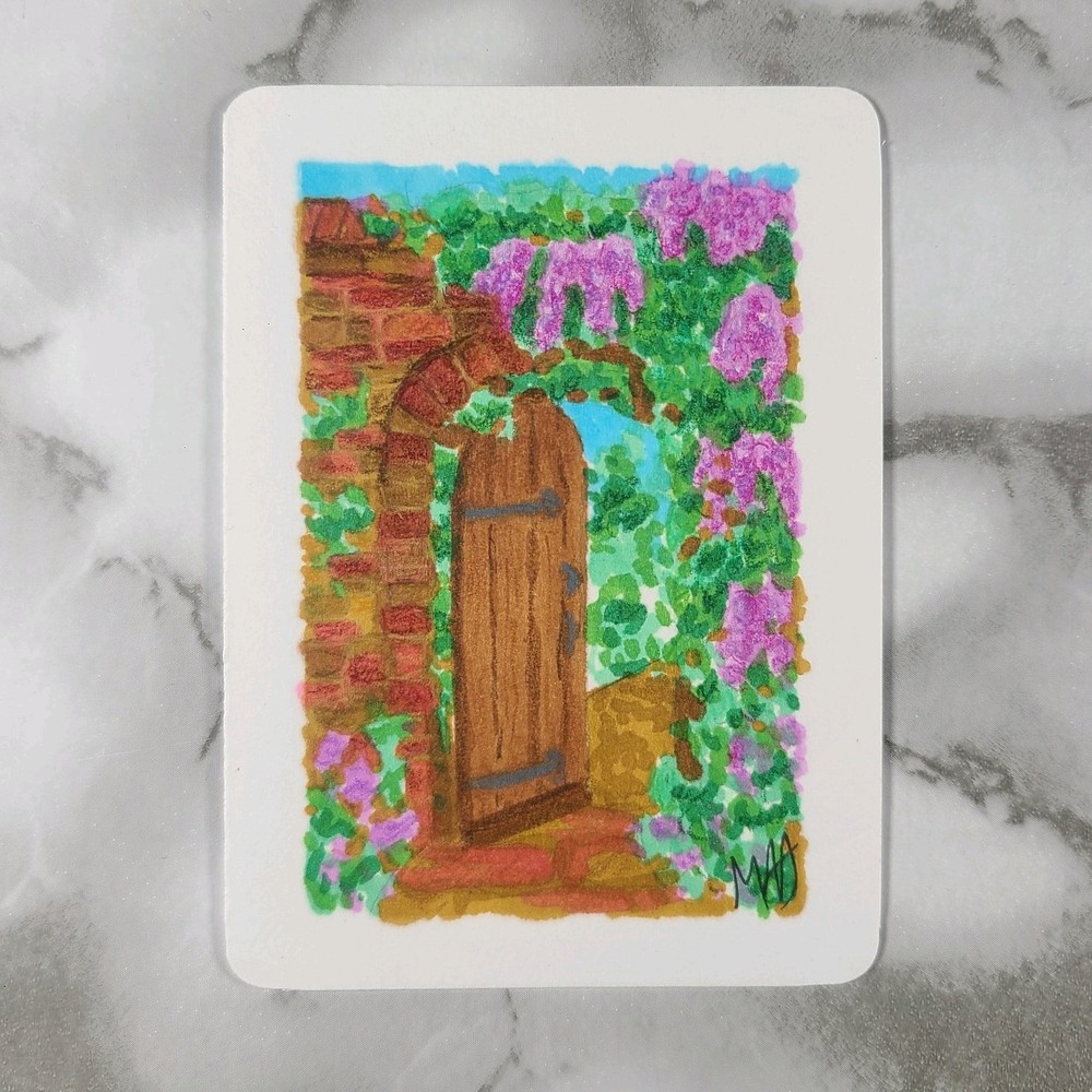 Original ACEO Secret Garden Door Acrylic Painting OOAK Cottagecore Fantasy Art