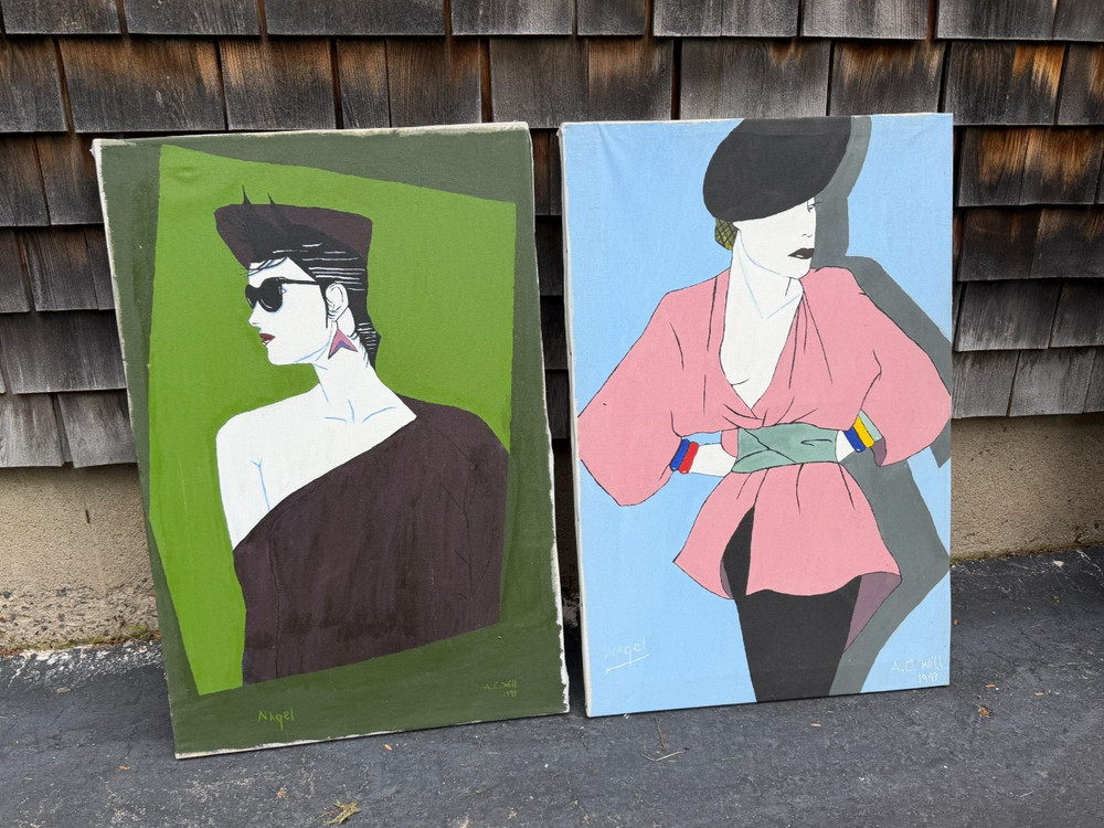 Rare Pair Large Orig. Paintings after Patrick Nagel AC Will MCM Art Deco Fashion