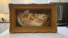 Chuck Oberstein Signed Reclining Female Nude Original Oil Painting 24″x39″