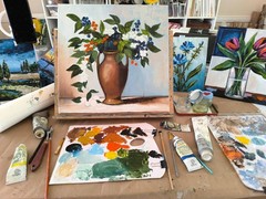 Original Oil Painting Floral Still Life Blue Berries White Blossoms Rustic Art