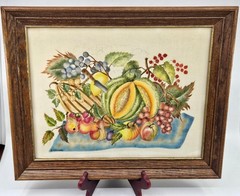 Vtg Folk Art Framed Fruit Theorem Painting Velvet Signed A. Johnson 16″ x 13″