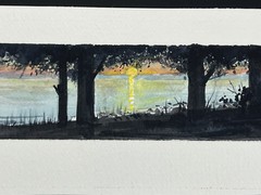 Jim Davel Original Watercolor Painting Sunrise Over Lake Tree View 4×8″ Fine Art