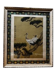 Vintage Wu Ping Painting, Oil On Silk, Taiwanese, 2 Cranes