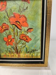1970’s Oil Painting Red Poppies Flowers Still Life~Minature 4.5″ x 5.5″~Signed