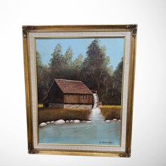 L Shoemaker Original Oil Painting Signed Grist Mill Landscape Vintage Gold Frame
