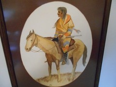 FRAMED 21 1/2″ X 17 1/2″ INDIAN ON HORSE WATERCOLOR PAINTING BY JOHN MOLDSTAD