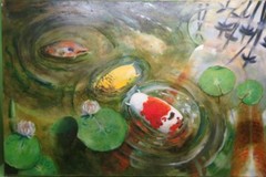 Vicki Golden (1970-) Large 20th century oil painting KOI CARP POND WATERLILLIES