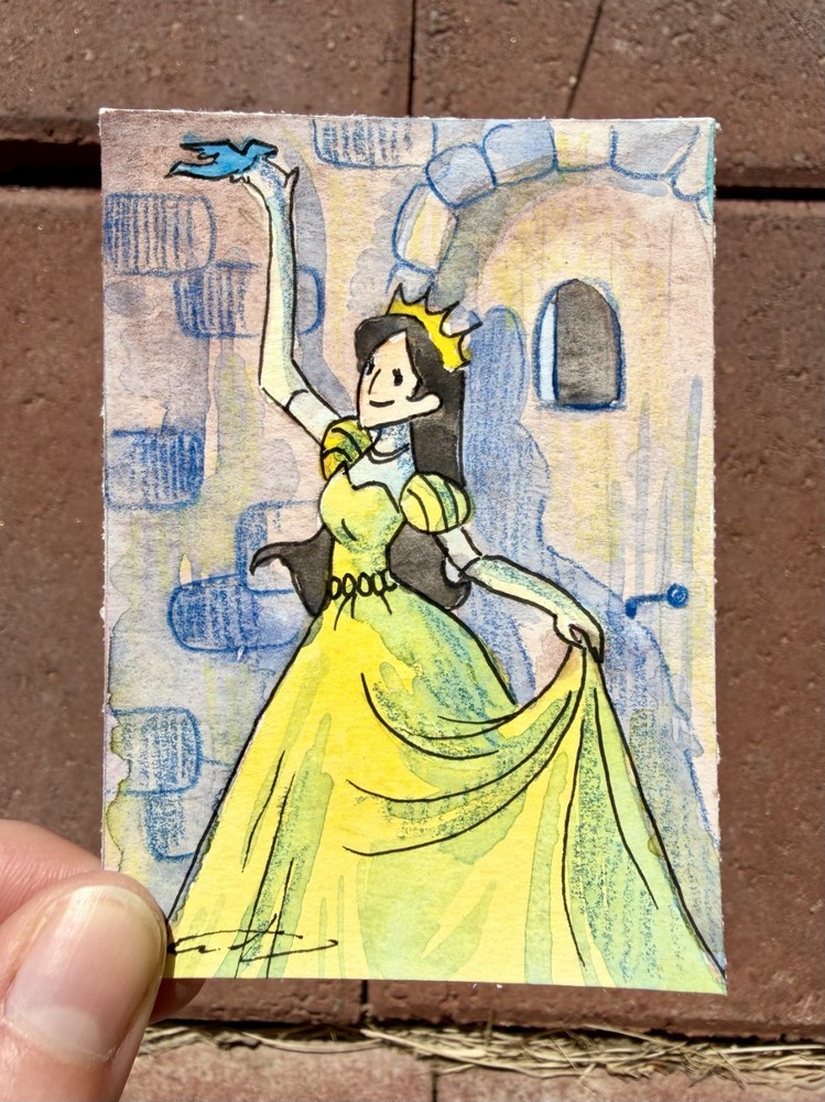 Original ACEO Yellow Princess Painting by Alannah Dyer- Mini Art 2.5×3.5 in.