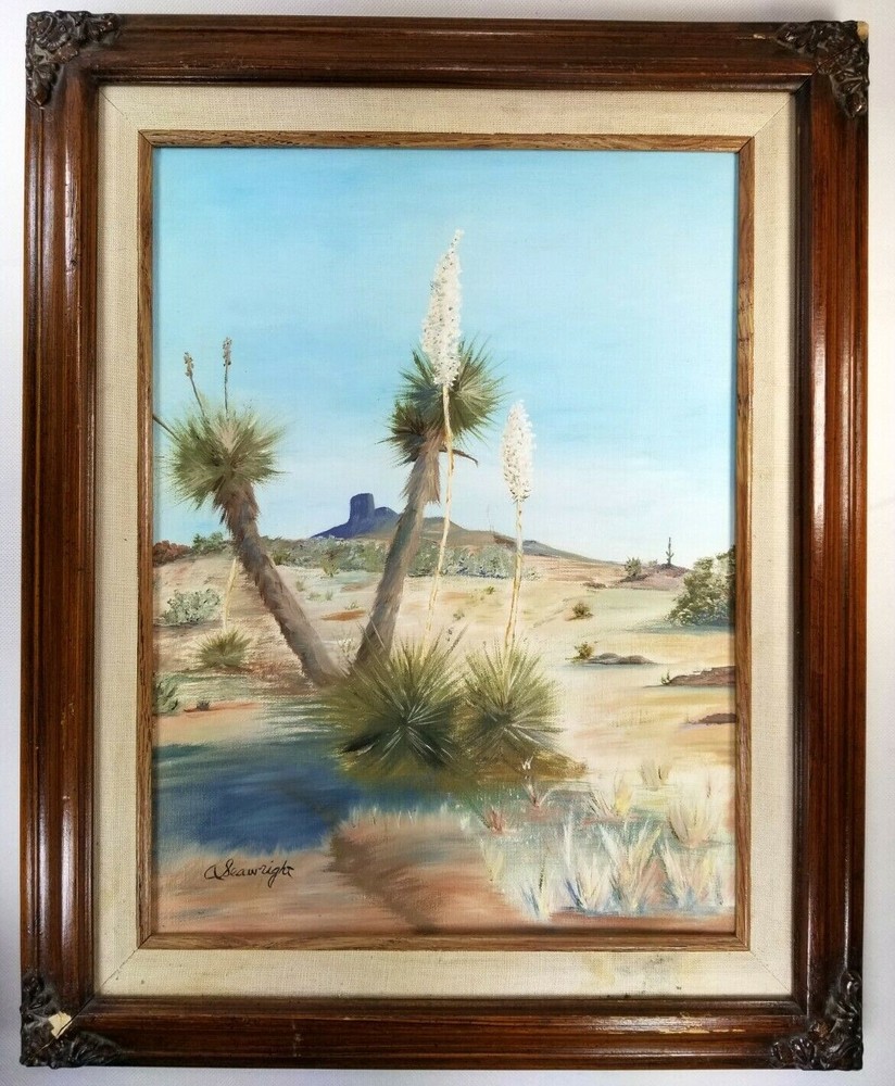 South West Theme Yucca In Bloom, Oil Canvas Framed Signed A Seawright dated 1984