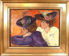 UNIDENTIFIED MONOGRAM SIGNED! PORTRAIT OF 2 FINE WOMEN WITH HATS